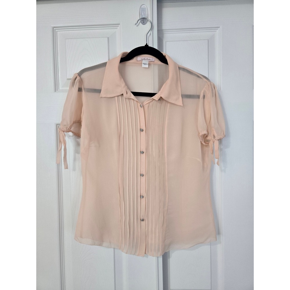 Intuitions Peach 100% Silk Sheer Pintuck Blouse Rhinestone Button Tie Sleeve 8